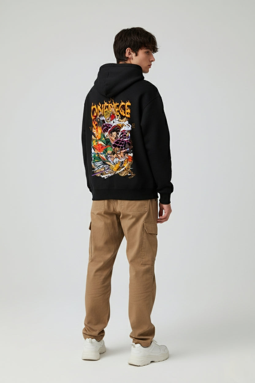 One Piece Monster Trio Battle Oversized Hoodie | Luffy Zoro Sanji Fleece Sweater