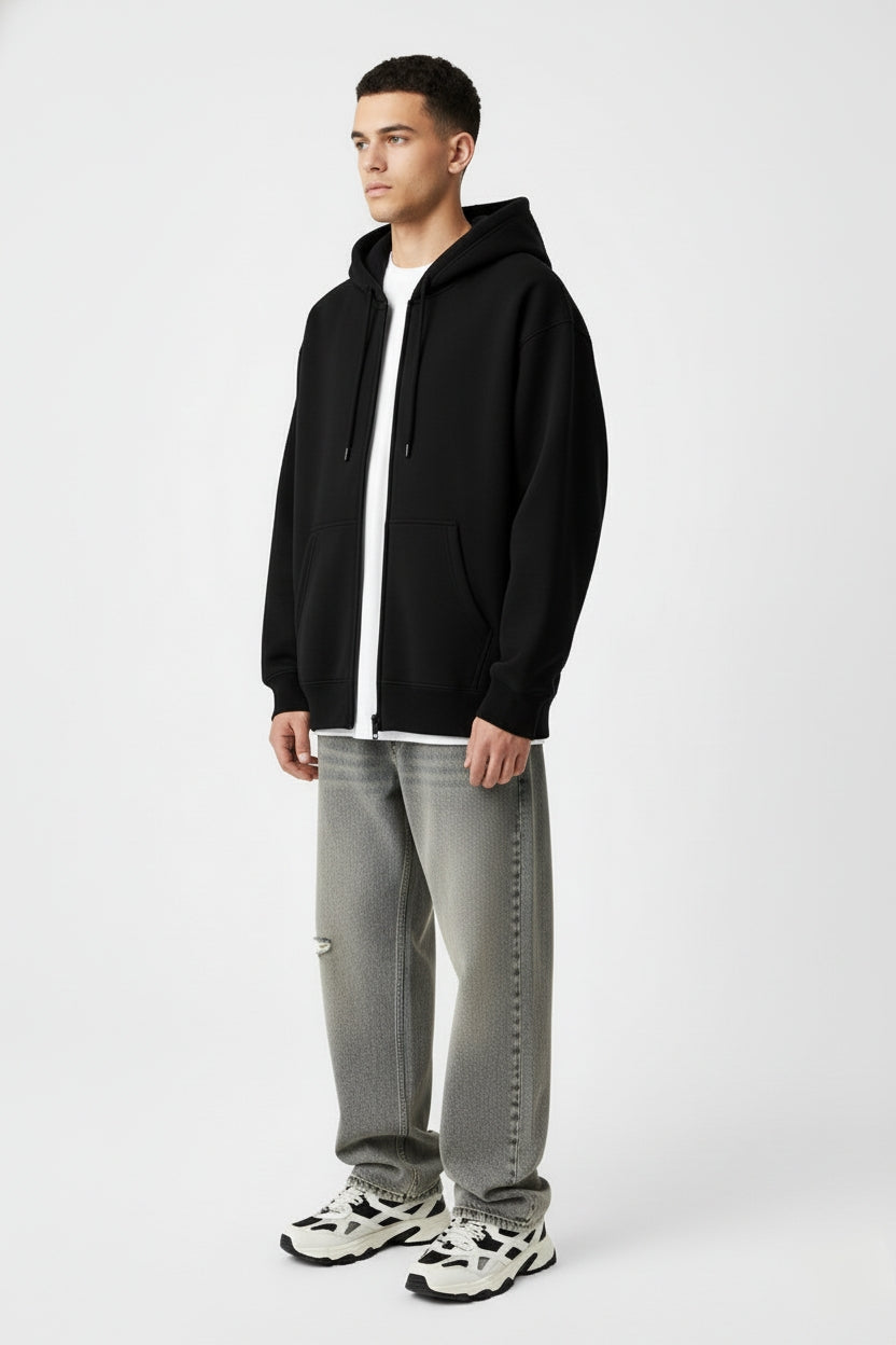 Premium 320 GSM Black Zipped Hoodie - Heavyweight Cotton Zip-Up Sweatshirt