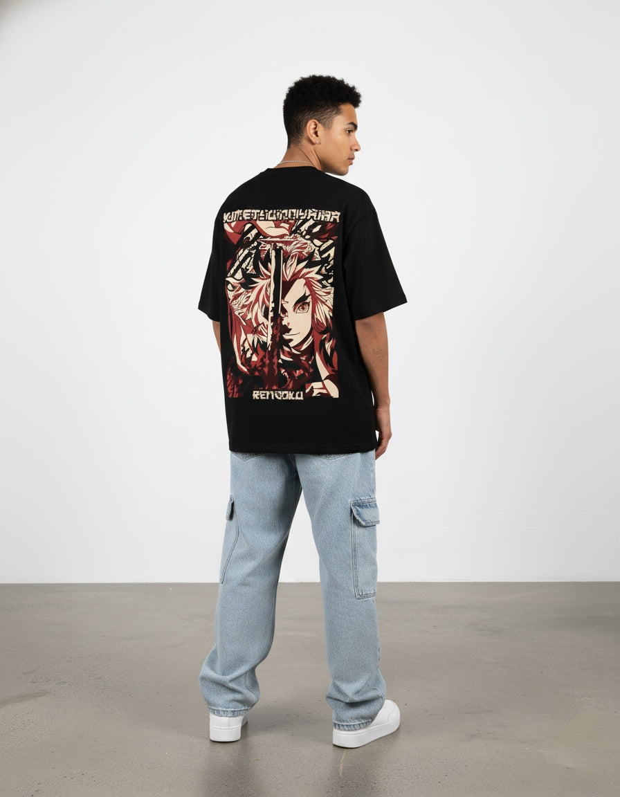 Demon Slayer "Rengoku Flame Split" Oversized T-Shirt | Kyojuro Abstract Tee