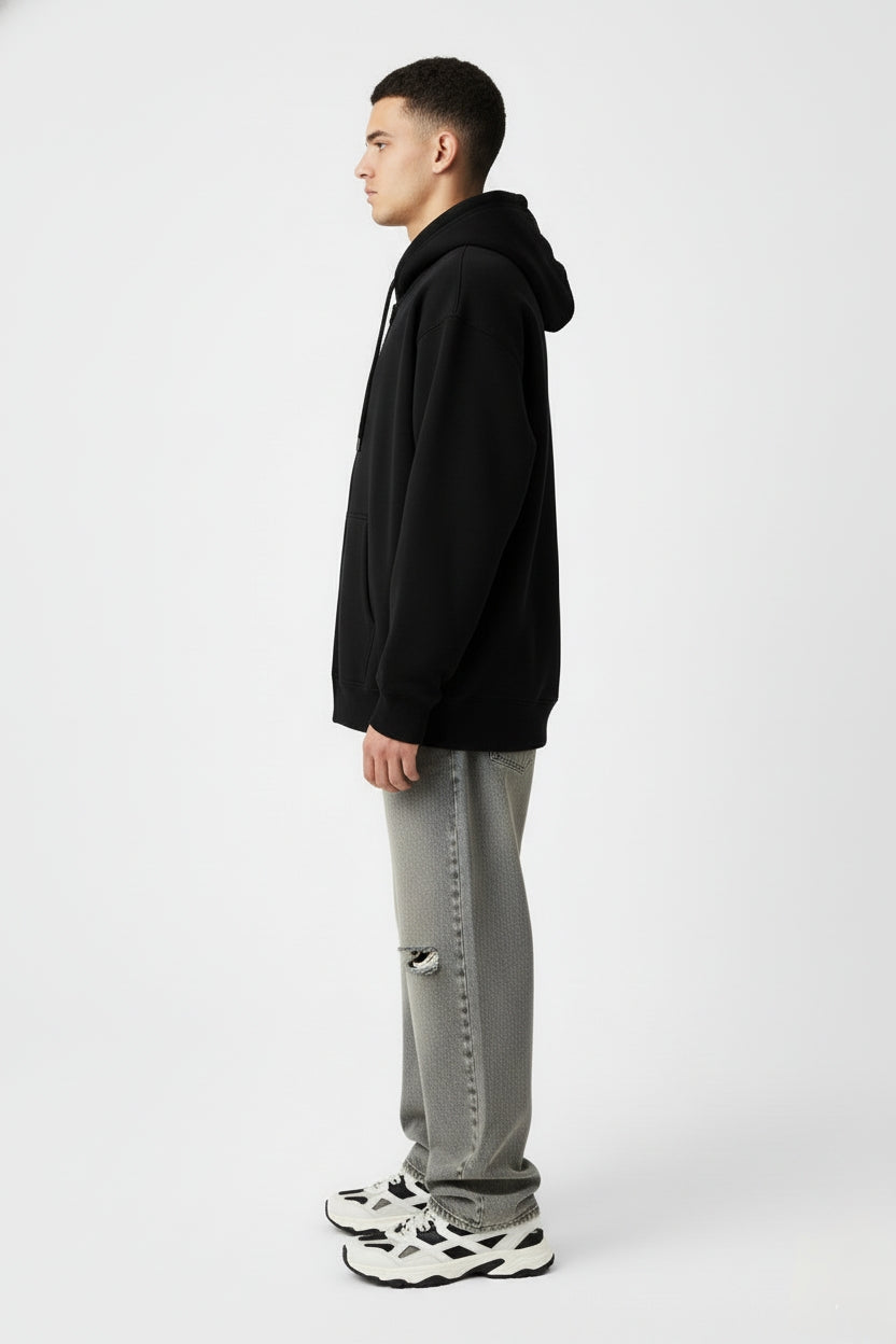 Premium 320 GSM Black Zipped Hoodie - Heavyweight Cotton Zip-Up Sweatshirt