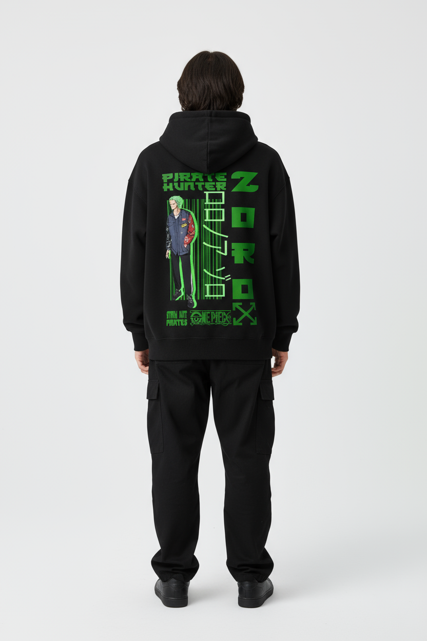 One Piece Zoro "Streetwear Pirate Hunter" Oversized Hoodie | Green Neon Fleece