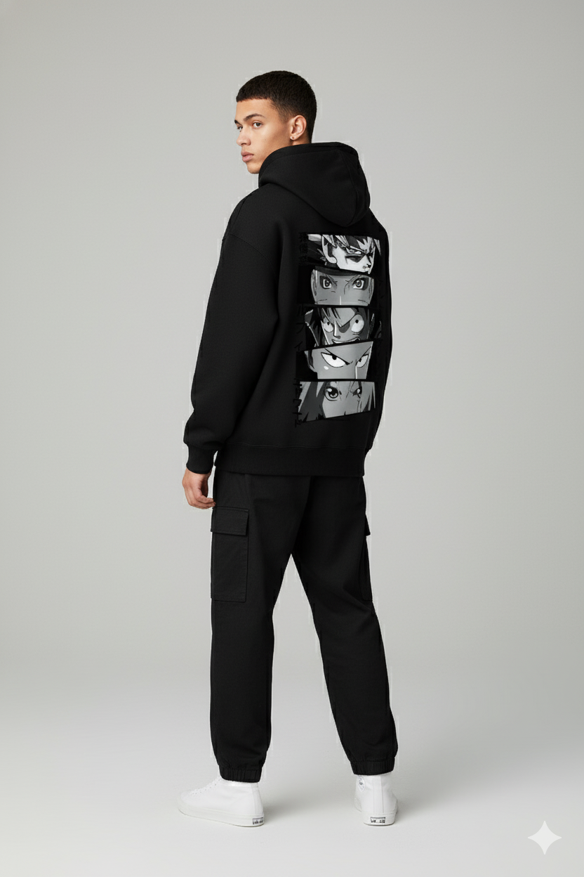 Big Four Anime Heroes Eyes Oversized Hoodie | Goku Luffy Naruto Deku Fleece