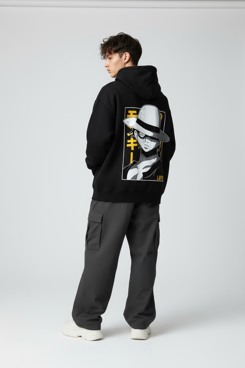 One Piece Luffy Straw Hat Focus Oversized Hoodie | Monochrome Fleece